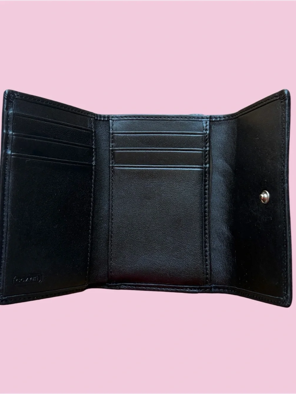 COACH Black Signature Trifold Wallet with Contrast Stitching